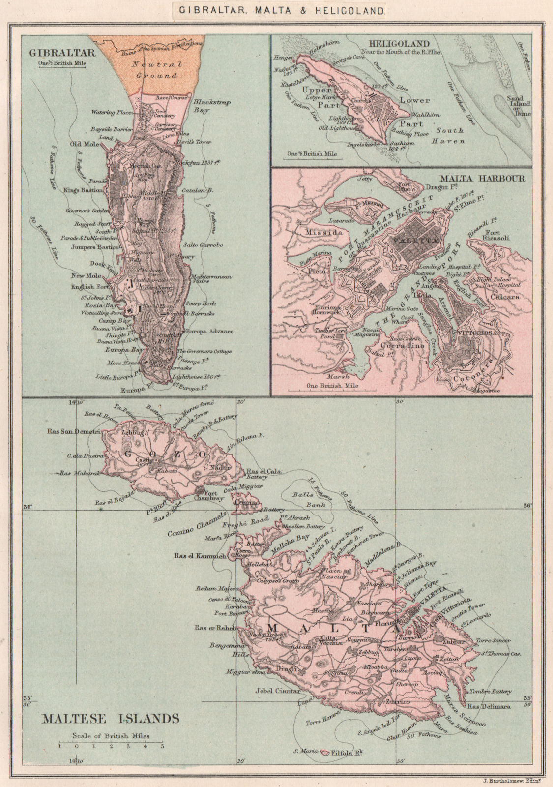BRITISH EUROPEAN ISLANDS. Gibraltar Heligoland Malta Gozo Valletta 1886 map